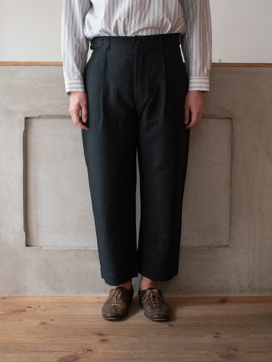 Linen Cotton Wool Twill Italian Army Trousers col.Charcoal Black 