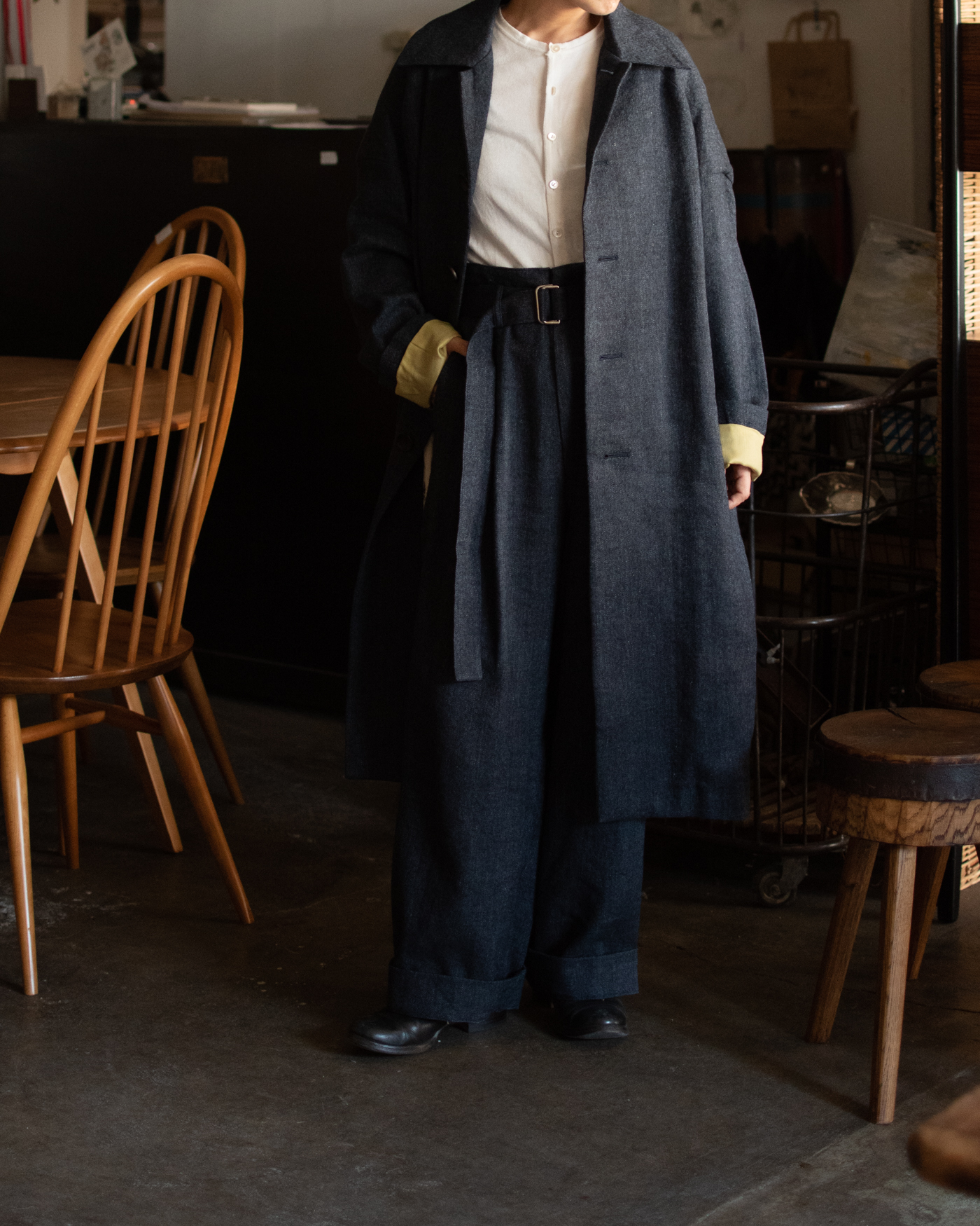 PEOPLE別注 WOOL LINEN BELTED WIDE PANTS col.Navy | PEOPLE | ピープル