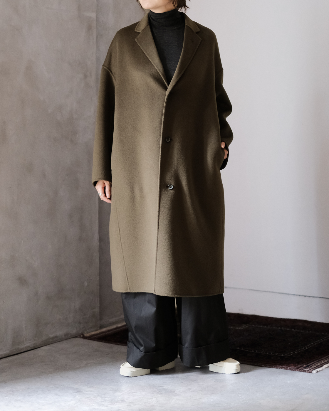 ウールシルクカシミアリバー ロングコート col.Khaki ウールシルクカシミアリバー ロングコート col.Khaki