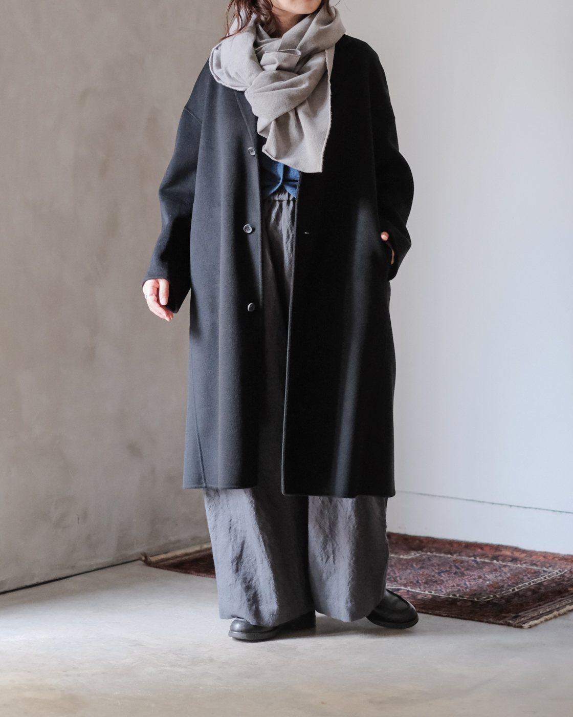 ウールシルクカシミアリバー ロングコート col.Black ウールシルクカシミアリバー ロングコート col.Black